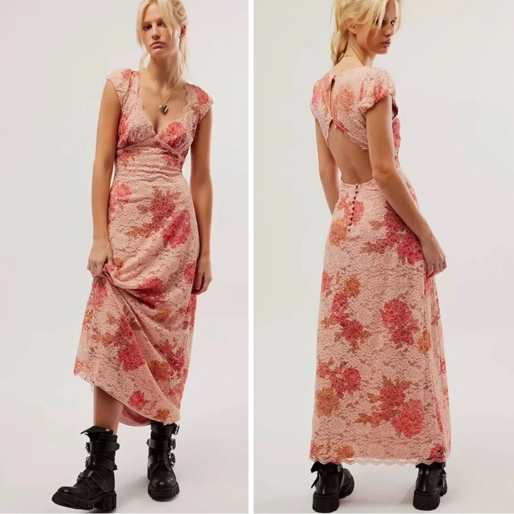Free People Dainty Ethereal Butterfly Babe Lace Maxi Dress Antique Floral Large - Picture 15 of 15